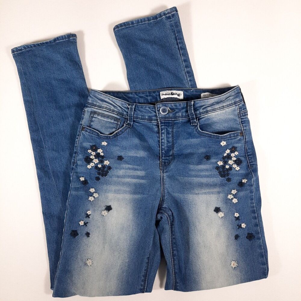 Black Daisy Embroidered Flower Stretch Jeans Junior Size 5/27 Kate Straight Leg